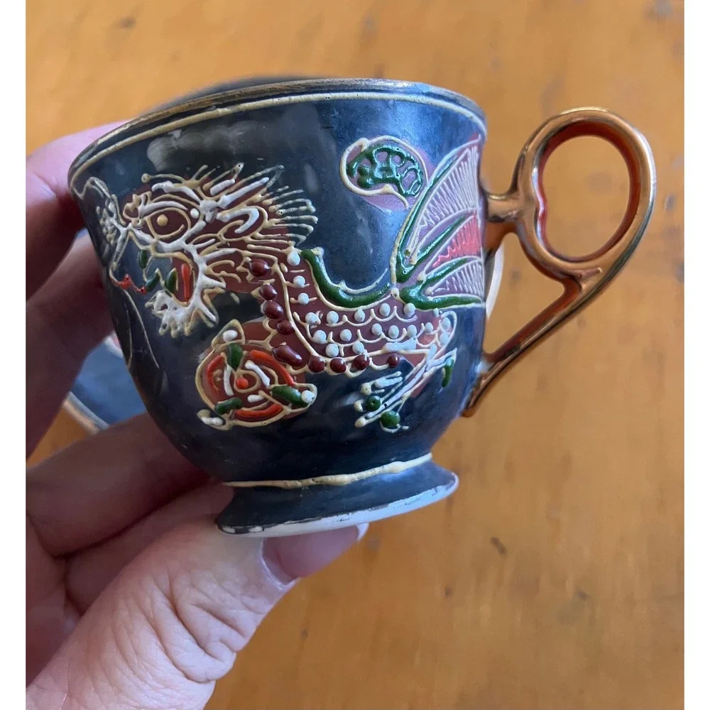 Meiko China Tea Cup Saucer Set Black Moriage Dragonware Japan